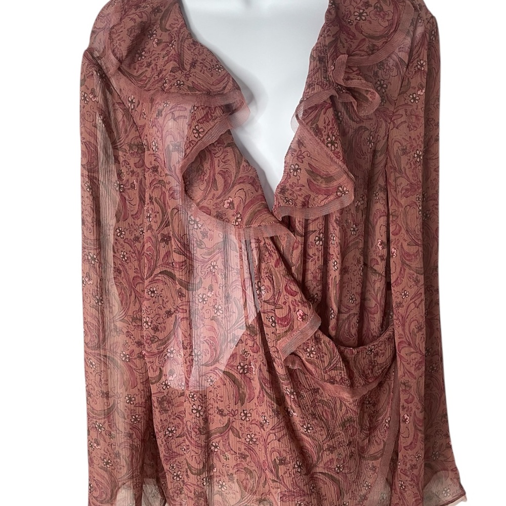 J. Jill Silk Sheer Pink Floral Paisley Ruffle Wrap Blouse Sz XL - Picture 3 of 10